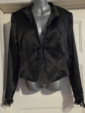Women's Black Satin Tie-Closure Blazer with Lace Cuffs